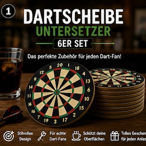May include: A set of six dartboard coasters. Each coaster features a black, green, and tan dartboard design with numbers around the perimeter. The coasters are stacked next to a single coaster and a dart.