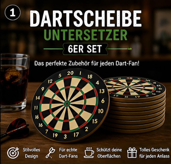 Dartboard Coasters, Set of 6, Printed Wood, Darts Gift for Men, Dart Fan, Bar Accessories, Coaster Set for Coffee and Beer