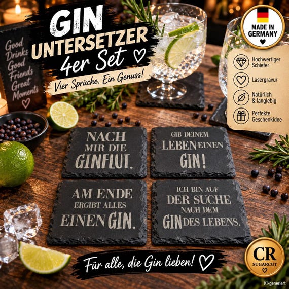 Gin coasters, set of 4, made of slate | Funny gin sayings | Laser engraving | Gift for gin lovers | Made in Germany