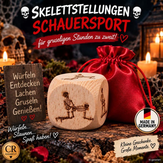 Skeleton dice made of beech wood with satin pouch | Halloween dice game | Fun gift for Halloween & horror fans