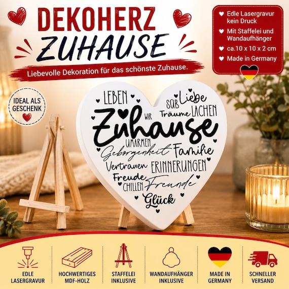Decorative heart for the home | Wooden heart with laser engraving | Housewarming gift | Wall decoration | Heart with easel | Made in Germany