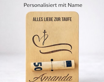 Gepersonaliseerd houten doopcadeau in de vorm van geld | Doopcadeau met naam | Houten kaart met geld als cadeau voor de baby | Doopcadeau voor meisjes en jongens
