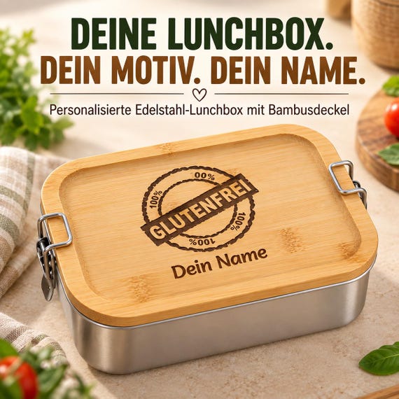 Personalisierte Vesperbox aus Edelstahl mit Bambusdeckel – 750 ml Brotdose mit Name & Wunschmotiv