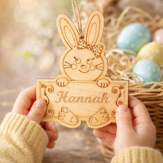 Personalized Easter Bunny Ornament with Name – Wooden Easter Decoration for Children – Personalized Easter Gift – Engraved Easter Basket Ornament