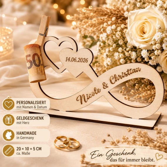 Personalized wedding money gift – wooden infinity symbol with names – gift for the bride and groom – wedding voucher holder