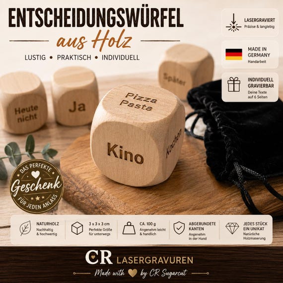 Personalized wooden decision cube with engraving | Yes/No cube | Food cube | Gift for couples, friends, or the office | 3 x 3 cm