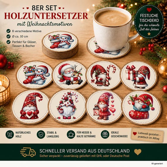Set of 8 wooden Christmas coasters with Santa Claus | 10 cm drink coasters | Festive table decoration | Christmas decoration | Gift idea