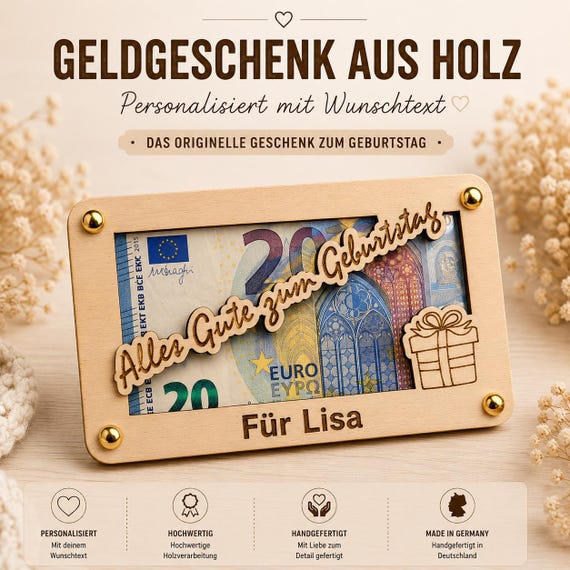 Personalized wooden birthday money gift | Happy Birthday | Money card | Gift voucher | Custom message | Made in Germany