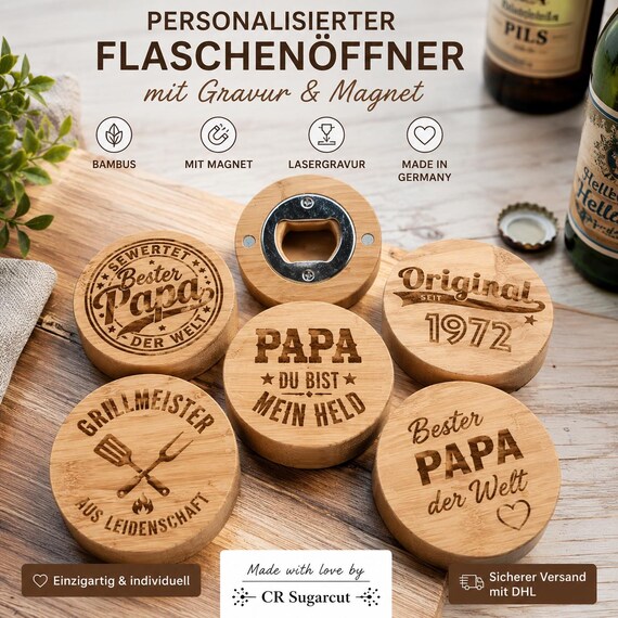 Personalized bamboo bottle opener with engraving and magnet, gift for dad, Father's Day, birthday, custom text and logo