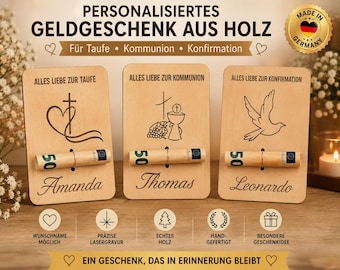 Gepersonaliseerd geldgeschenk voor doop, communie of vormsel: houten kaart met naam | houten geldhouder | geschenk voor petekind of kerk