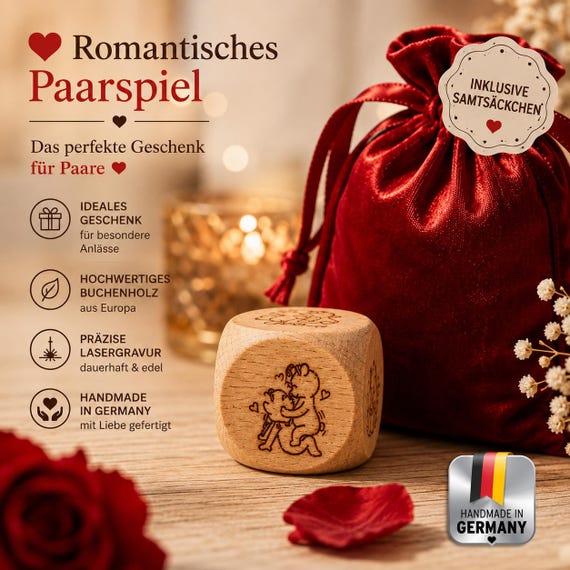 Erotic dice made of beechwood – love dice for couples – sex dice with velvet pouch – couples game for adults