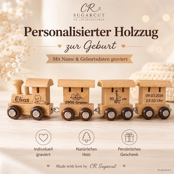 Personalized wooden train for newborns with name, date of birth, time of birth, weight & height | Baby shower gift | Christening gift