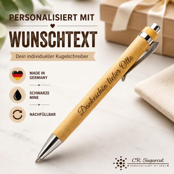 Personalized bamboo ballpoint pen with engraving | Custom text, name, logo | Gift for teachers, colleagues, and employees
