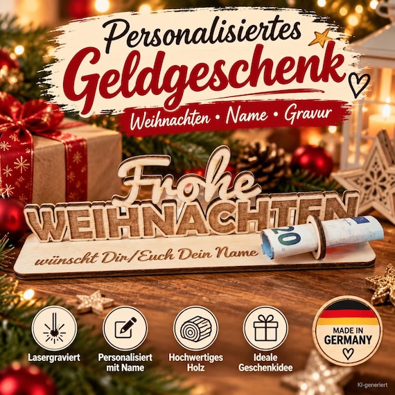Personalisiertes Geldgeschenk zu Weihnachten aus Holz – Name graviert | Mit oder ohne Geldscheinhalter