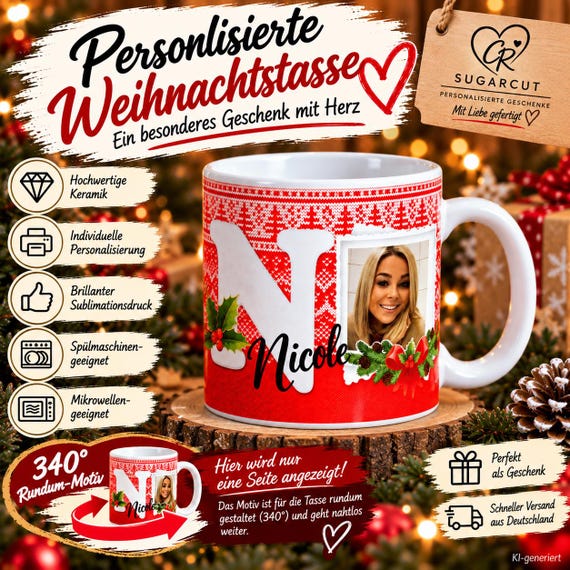 Personalisierte 330-ml-Weihnachtstasse mit großem Anfangsbuchstaben, Name und eigenem Foto – 4 Tassenfarben zur Auswahl.