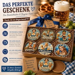 May include: A gift box containing six round coasters featuring illustrations of people in traditional Bavarian clothing holding beer steins, with the text Oktoberfest. The box includes a blue ribbon, a gift tag, and a brown card with German text.