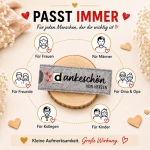 May include: A rectangular grey felt sleeve with a cutout window revealing a small card. The text "dankesch&ouml;n VON HERZEN" is printed on the felt. Surrounding the sleeve are circular icons depicting various people and German text labels.