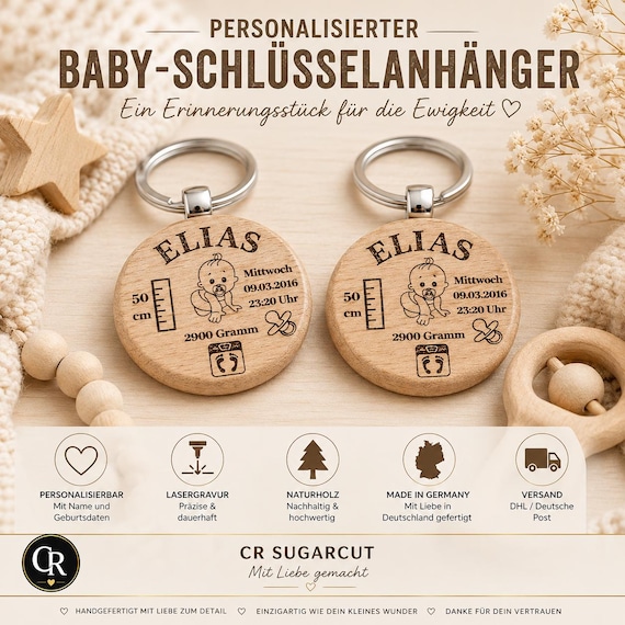 Personalized wooden baby keychain with birth details | Gift for birth | Christening | Name | Baby's details | Mom Dad Grandma Grandpa