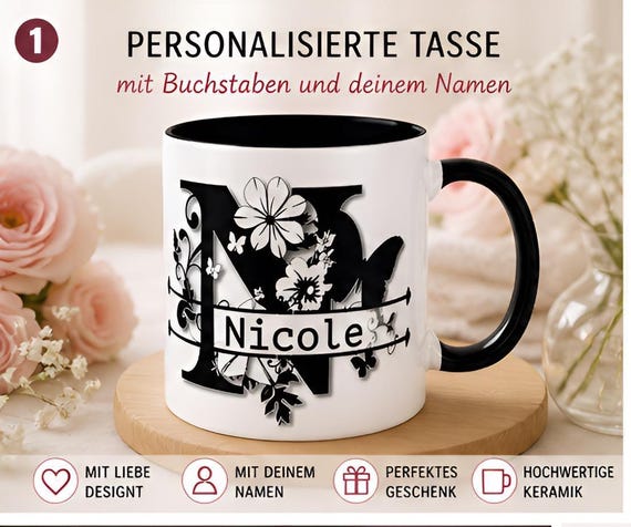 Personalized mug with name, initial, gift for woman, individual ceramic mug, monogram, flower, coffee mug, girlfriend, mom