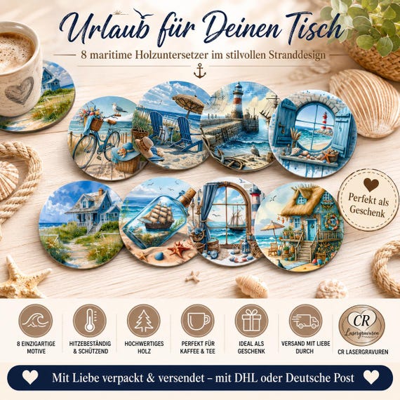 Maritime wooden coasters, set of 8, beach, sea, coast, lighthouse, coastal decor, coffee coasters, gift, North Sea, Baltic Sea, home