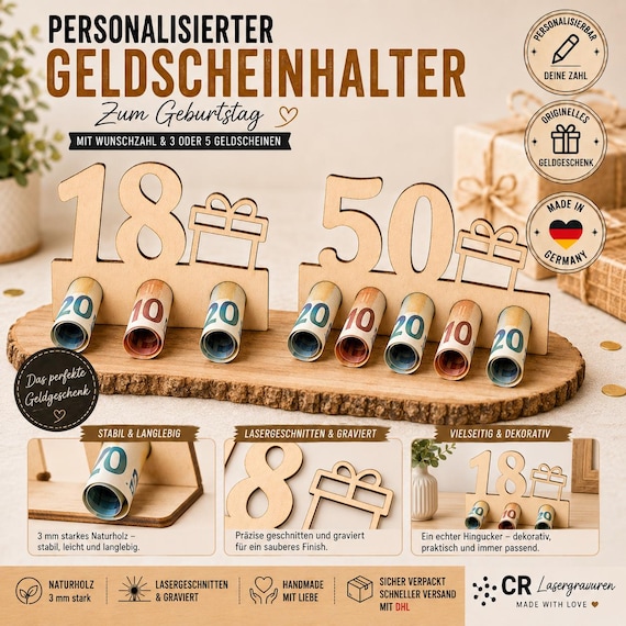 Personalized wooden birthday money holder | Custom number | Money gift with 3 or 5 banknotes | Birthday present