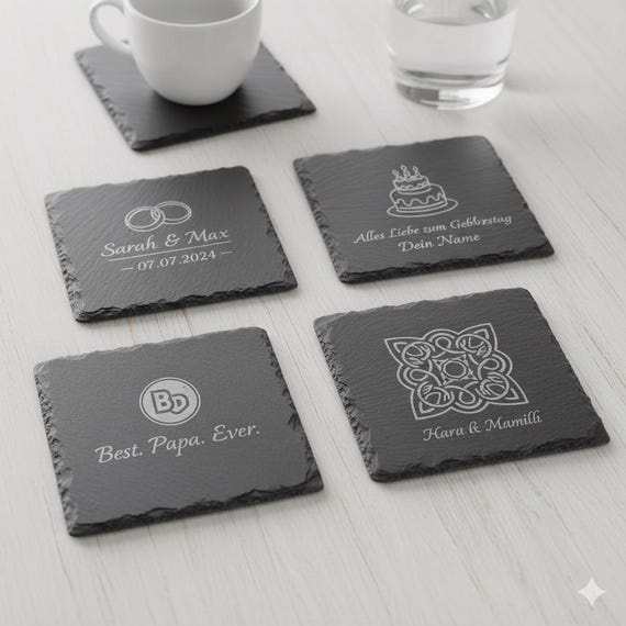 Personalized slate coaster with engraving – gift for weddings, birthdays, names & dates – engraved slate coaster gift idea