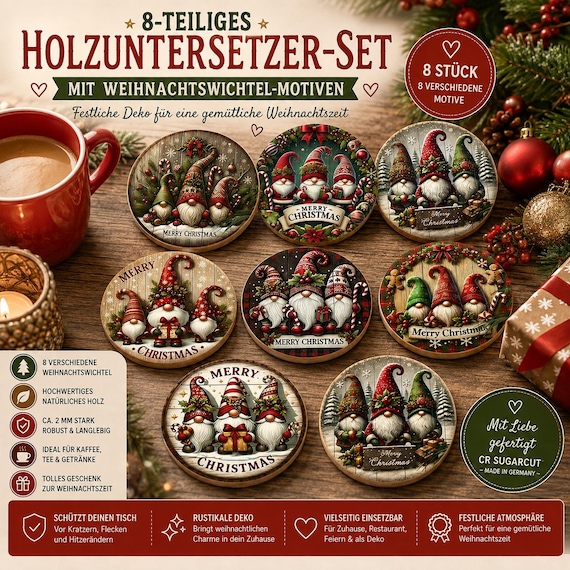 Wooden Christmas Gnome Coasters, Set of 8 | Christmas Table Decorations | Christmas Gift | Coffee and Tea Glasses | Merry Christmas
