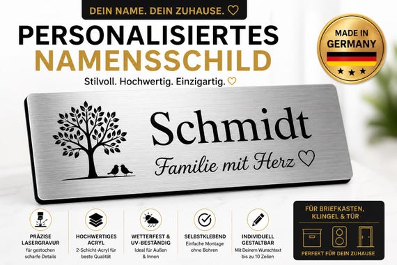 Personalized nameplate, acrylic doorbell sign, mailbox sign, door sign, laser engraved, self-adhesive, made in Germany, with your desired text