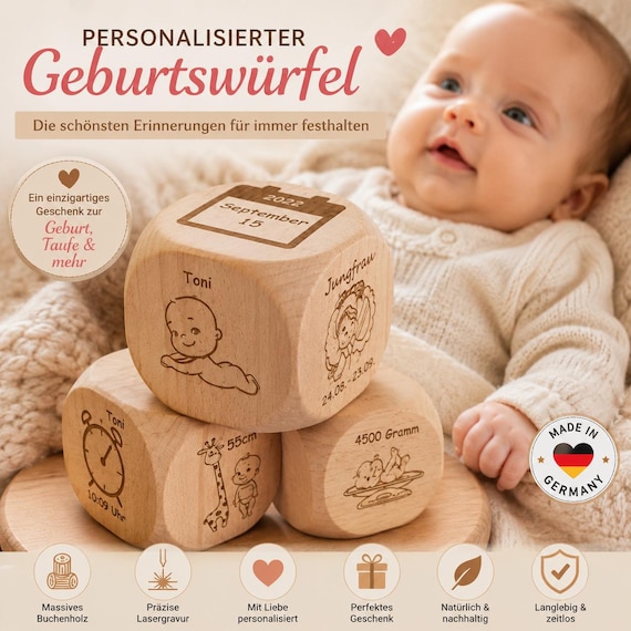 Personalized wooden birth cube, gift with name, birth details, zodiac sign, height, weight, baby gift for birth, christening, boy, girl