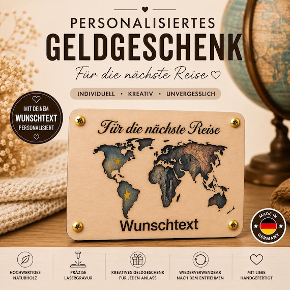 Personalized wooden travel gift card | World map | Travel voucher | Honeymoon | Vacation | Custom text | Made in Germany