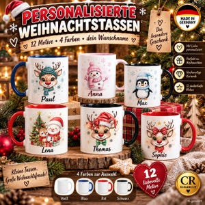 Könnte beinhalten: Sechs weiße Keramiktassen mit personalisierten Weihnachtsmotiven wie Rentier, Schneemann und Pinguin sowie den Namen Paul, Anna, Max, Lena, Thomas und Sophie. Die Tassen haben farbige Henkel und Ränder in Blau, Rot und Schwarz.