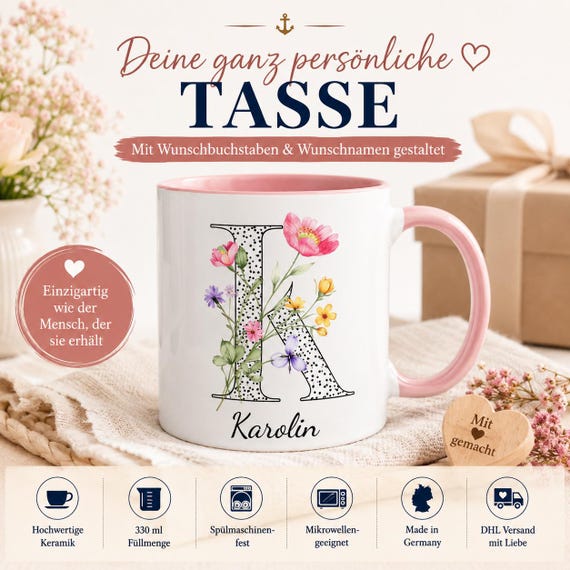 Personalized letter mug with desired name | Initial mug with flowers | Name mug gift for women, mom, girlfriend, colleague