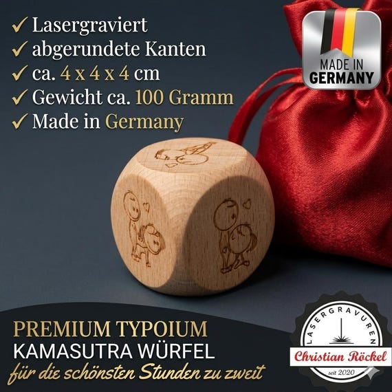 Engraved Kamasutra dice made of beech wood – Erotic dice for couples – Gift for adults with velvet pouch – Made in Germany