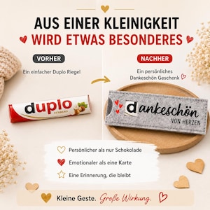 May include: A comparison graphic showing a Duplo chocolate bar labeled 'VORHER' and a grey felt sleeve labeled 'NACHHER' with the text 'dankesch&ouml;n VON HERZEN'. The image includes German text about transforming a small gift into something special.