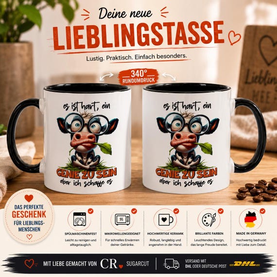 Funny Cow Mug "To be a genius but I can do it" | Humorous Coffee Mug for the Office, Gift for Colleagues | Ceramic Mug Made in Germany