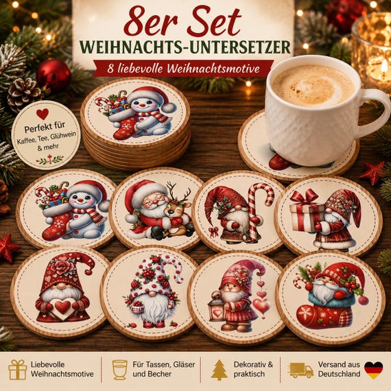 Set of 8 Christmas coasters: Funny gnomes, elves & snowman | Round drink coasters for the festive table | Christmas decorations