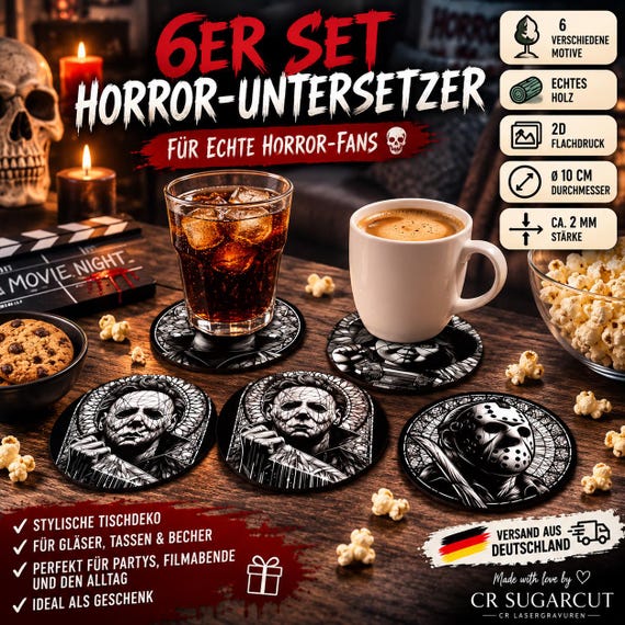 Horror Coaster Set of 6, Wooden, 10 cm | Drink Coasters with Horror Motifs | Party Decorations | Gift for Horror Fans | Christmas Gift