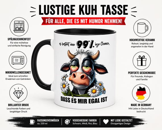Funny Cow Mug with Saying | 99% Chance I Don't Care | Humorous Coffee Mug Gift for Office Colleague