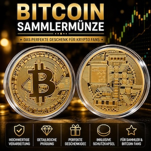May include: Two gold-coloured Bitcoin coins encased in clear protective capsules. The front features the Bitcoin symbol with text including "BITCOIN DIGITAL DECENTRALIZED P2P" and "MJB MONETARY METALS". The back displays a detailed circuit board pattern.