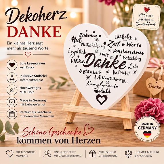Wooden decorative heart – thank you gift with easel – engraved heart as a small token of appreciation – Made in Germany