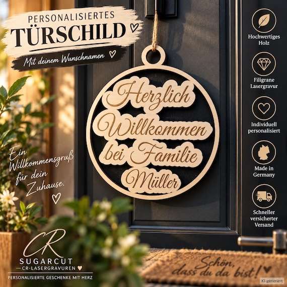 Personalized wooden door sign with your chosen name | Family nameplate for front door | Welcome family | Housewarming gift
