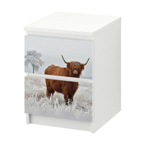 Dresser sticker Malm highland cow standing in a snowy landscape furniture foil