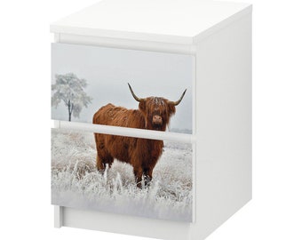 Dresser sticker Malm highland cow standing in a snowy landscape furniture foil