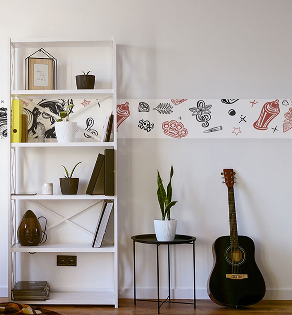 Wandbordüre mit floralem Muster, Zierleiste zum Abziehen und Aufkleben,  Heimdeko für Küche und Bad, 10,2 cm x 5 m, grau