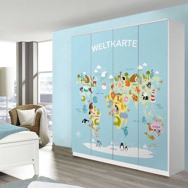 Aufkleber für Pax Klebefolie Weltkarte Worldmap Kids Möbel IKEA Kommode Möbelfolie selbstklebend Dekofolie Tattoo Aufkleber Folie