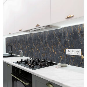 self-adhesive kitchen back wall foil without drilling motif black marble | 60 cm high adhesive film kitchen | Wall protection Wall decal kitchen wallpaper