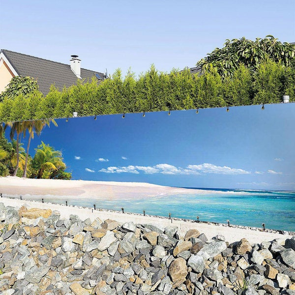 Zaunbanner Urlaubsort mit Palmen und Strand Sichtschutz Garten Zaun