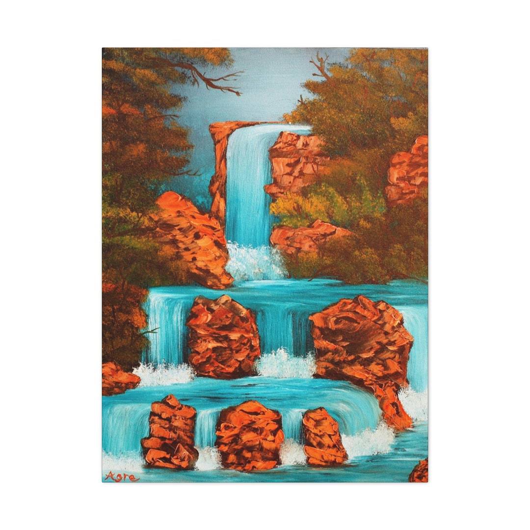 Landscape Painting Blue Wall Art Nature Wall Art Waterfall Wall Decor