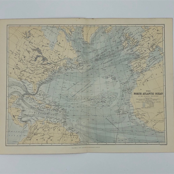 The North Atlantic Ocean Map - Antique Print 1883.