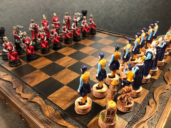 Chess Set Hand Painted Ottoman vs Crusaders and Wooden Chess Board Handmade